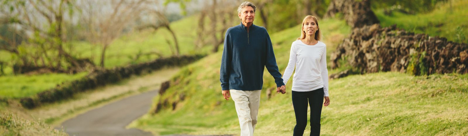 Couple walking hand in hand through the country